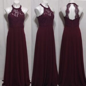 Lulus Eyelash Lace Halter Flowy Chiffon Maxi Dress Medium Open Back Evening Gown